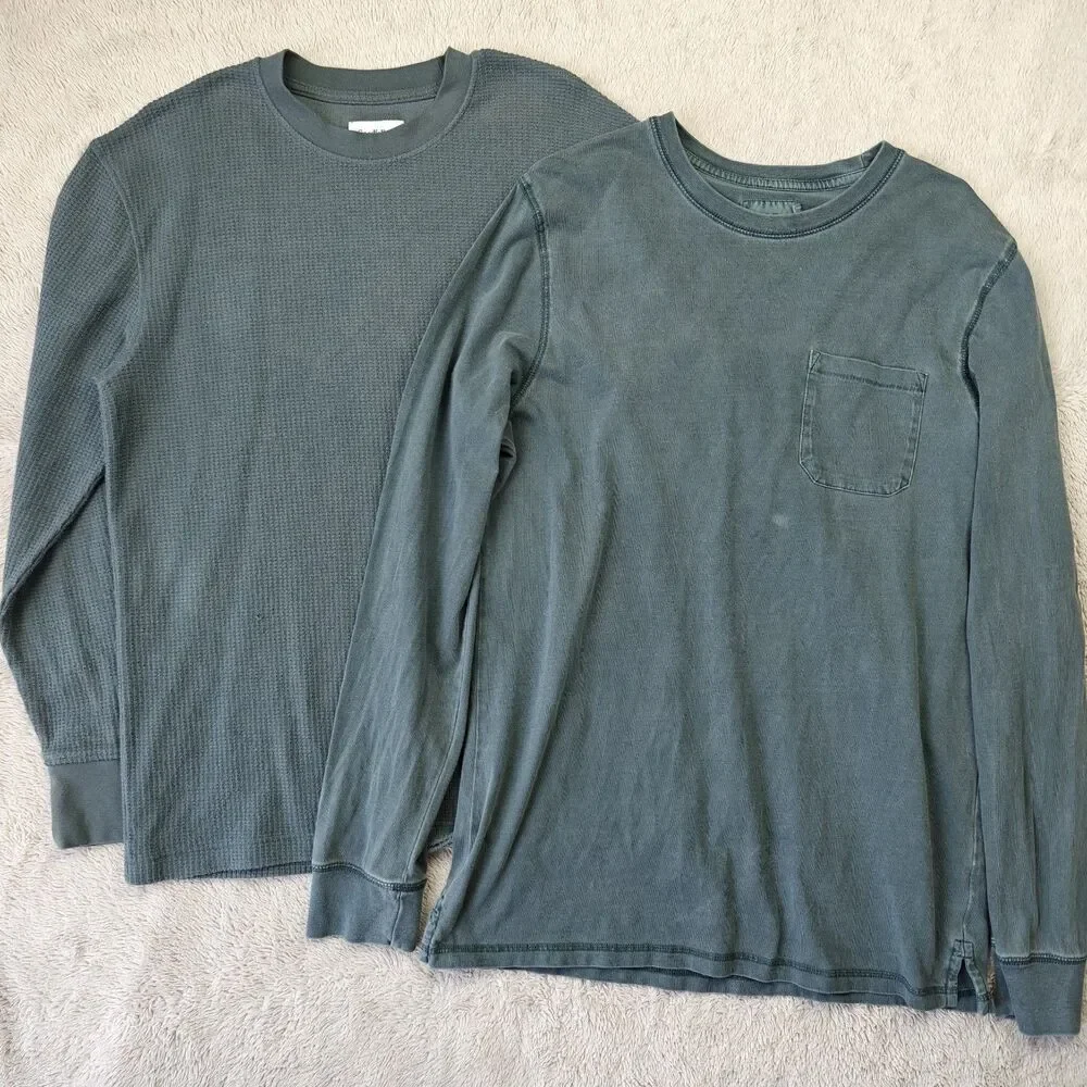 Goodfellow Bundle 2pc Men's M Green Waffle Sweater Long Sleeve Shirt Minimalist